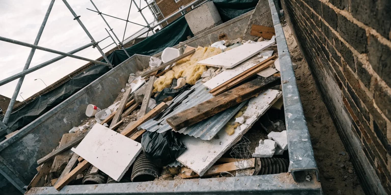 Top-down photo of a skip of mixed construction and demolition waste being classified